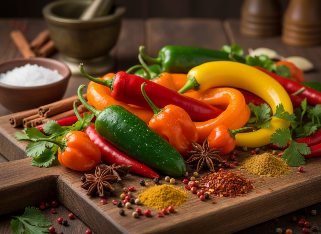 Colorful array of hot peppers and spicy ingredients Colorful array of hot peppers and spicy ingredients