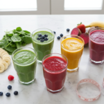 Colorful array of smoothies for weight losing with fresh fruits and vegetables