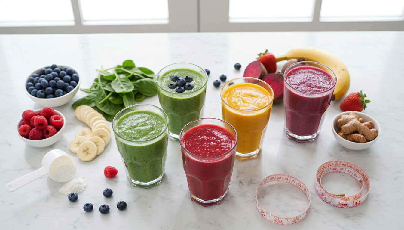 Colorful array of smoothies for weight losing with fresh fruits and vegetables