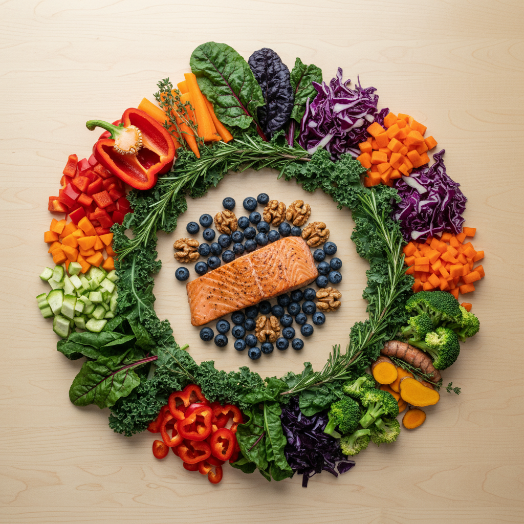 Colorful brain-healthy foods including fish, berries, and vegetables Colorful brain-healthy foods including fish, berries, and vegetables