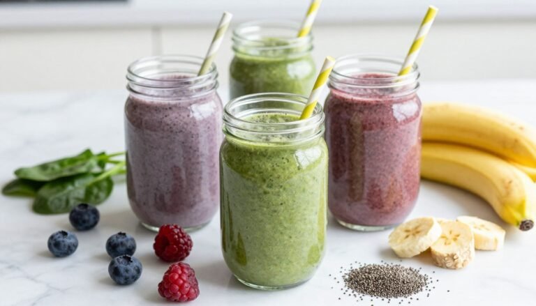 Colorful gut health smoothie recipes in glass jars with fresh fruits and vegetables