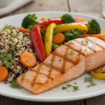 Colorful healthy dinner plate with grilled salmon, roasted vegetables, and quinoa for weight loss
