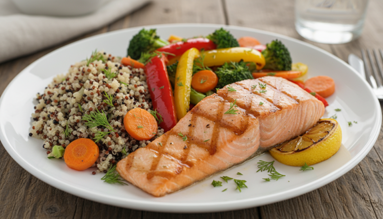 Colorful healthy dinner plate with grilled salmon, roasted vegetables, and quinoa for weight loss