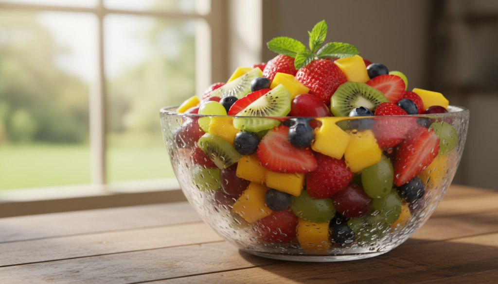 Colorful mixed fruit salad in a glass bowl Colorful mixed fruit salad in a glass bowl