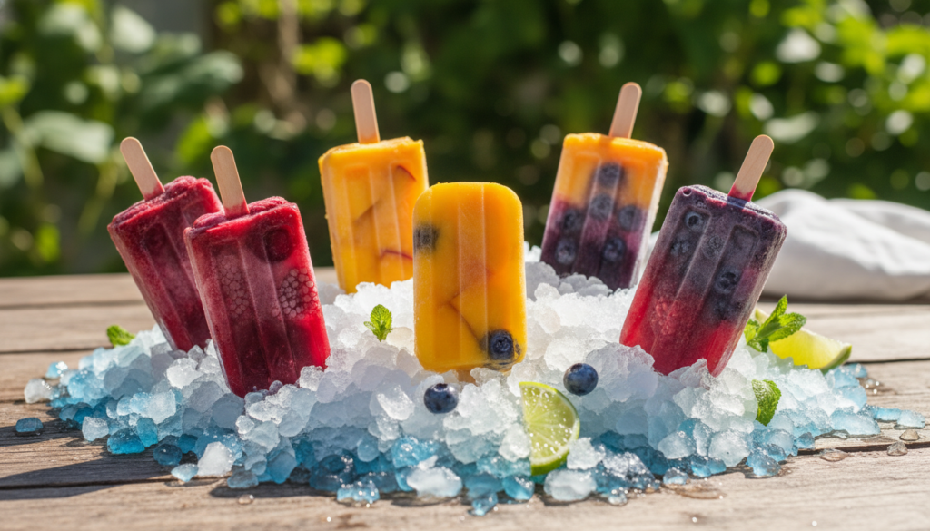 Colorful popsicles arranged on ice Colorful popsicles arranged on ice