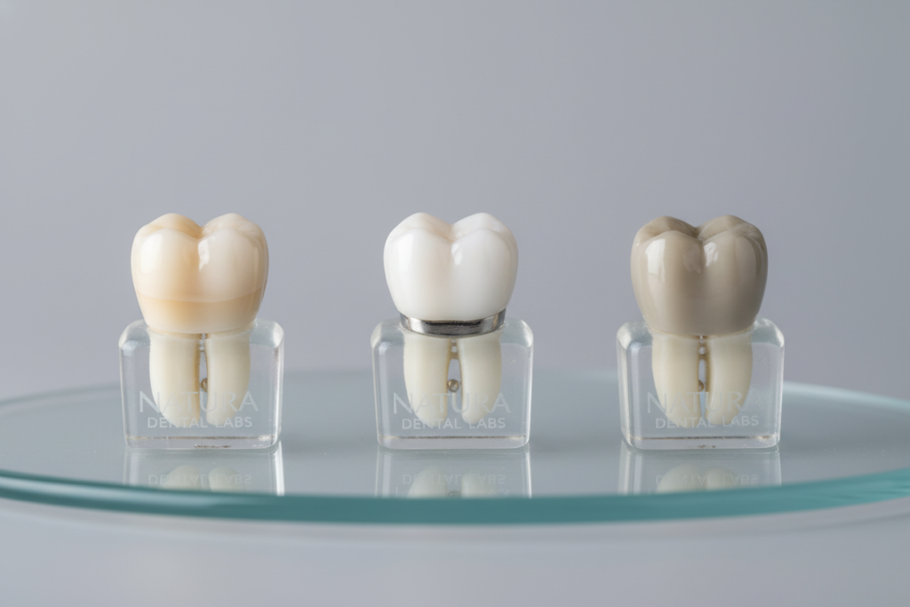 Comparison of different dental crown materials showing natural tooth-like appearance Comparison of different dental crown materials showing natural tooth-like appearance