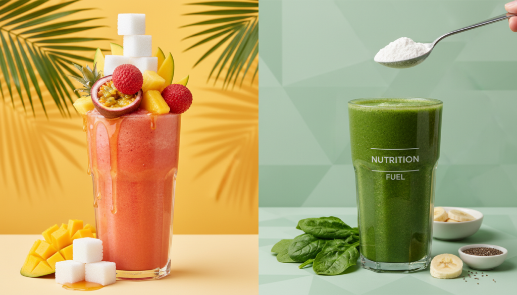 Comparison of smoothies showing too much fruit versus balanced ingredients Comparison of smoothies showing too much fruit versus balanced ingredients