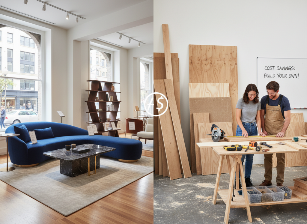 Comparison showing expensive store furniture versus affordable DIY materials and tools Comparison showing expensive store furniture versus affordable DIY materials and tools