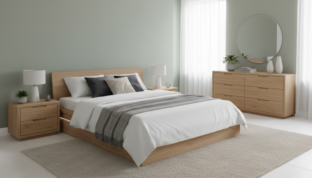 Complete bedroom set with bed frame, nightstands and dresser Complete bedroom set with bed frame, nightstands and dresser