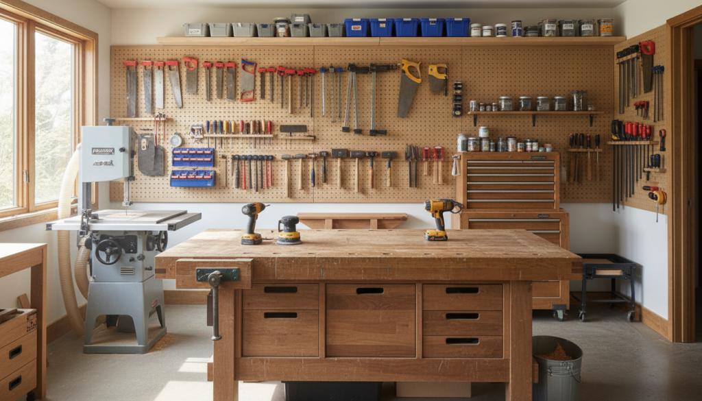 Complete furniture building workshop with essential tools organized on wall and workbench Complete furniture building workshop with essential tools organized on wall and workbench