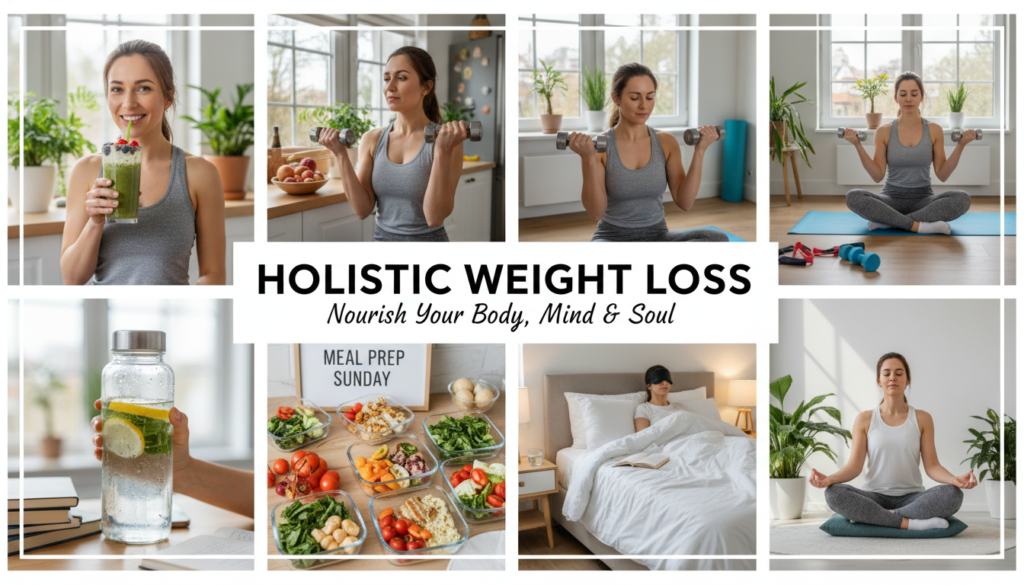 Comprehensive weight loss lifestyle including smoothies, exercise, and sleep
