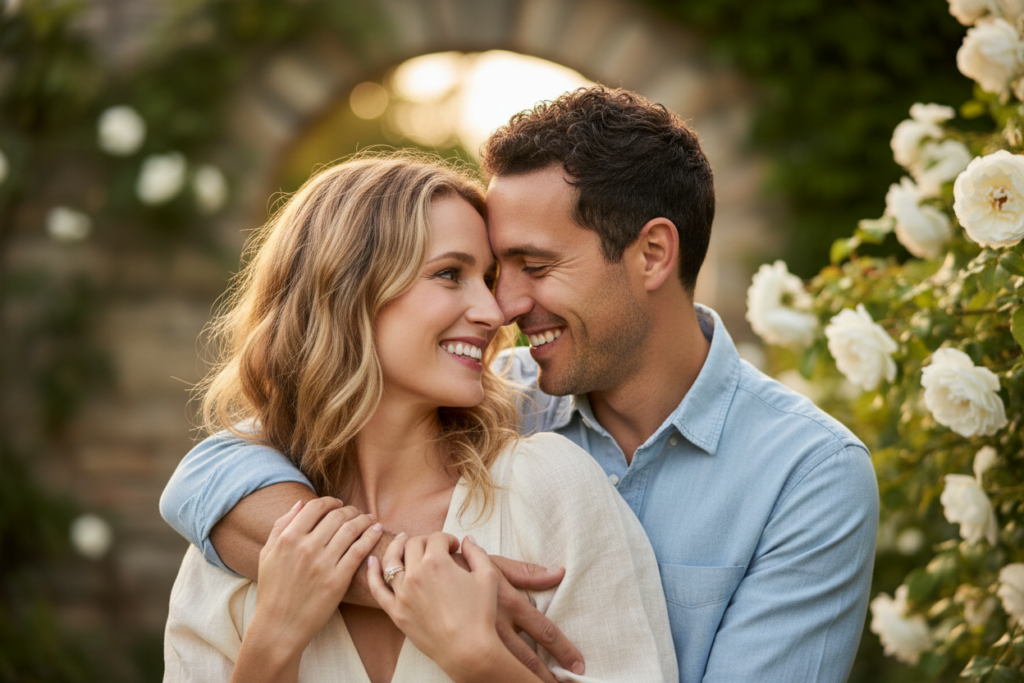 Confident couple smiling together showing beautiful natural teeth Confident couple smiling together showing beautiful natural teeth