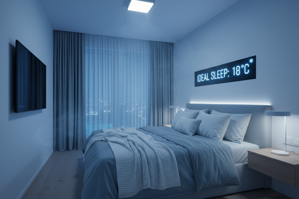Cool comfortable bedroom with optimal temperature for sleep and fat burning