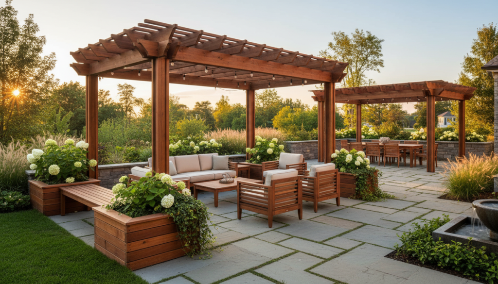 Coordinated outdoor space with matching wooden elements Coordinated outdoor space with matching wooden elements