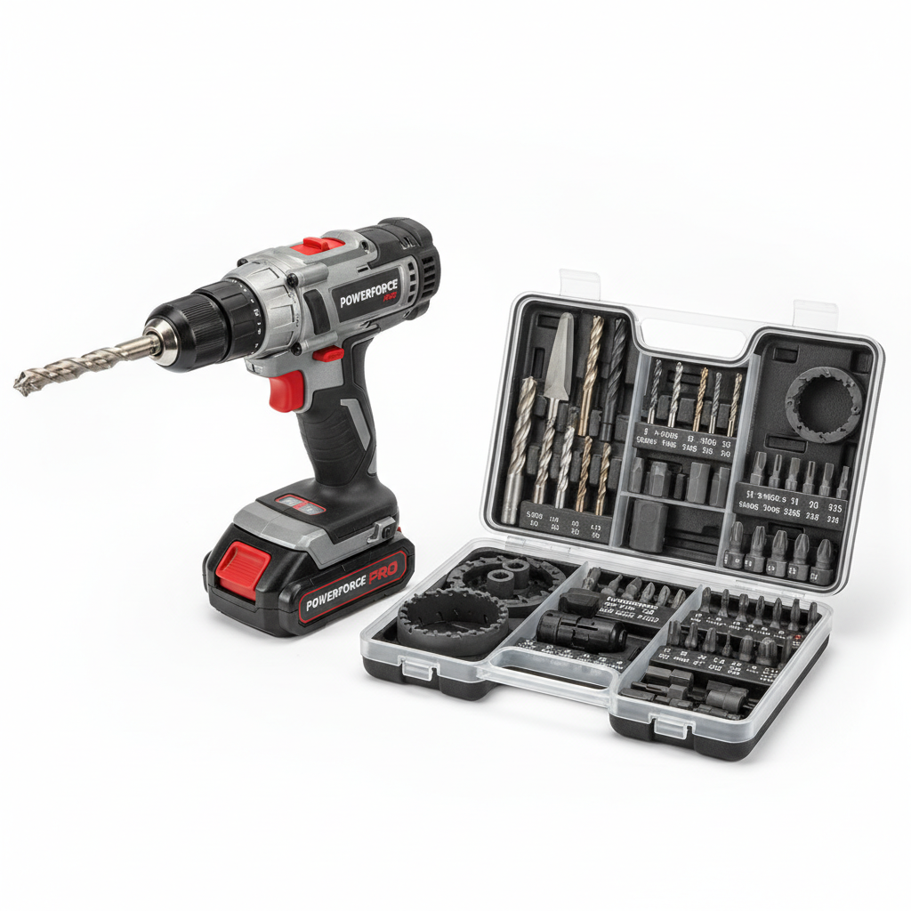 Cordless power drill with various drill bits Cordless power drill with various drill bits