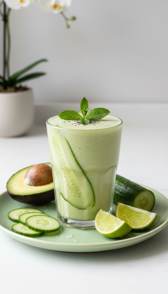 Creamy pale green avocado smoothie with cucumber garnish
