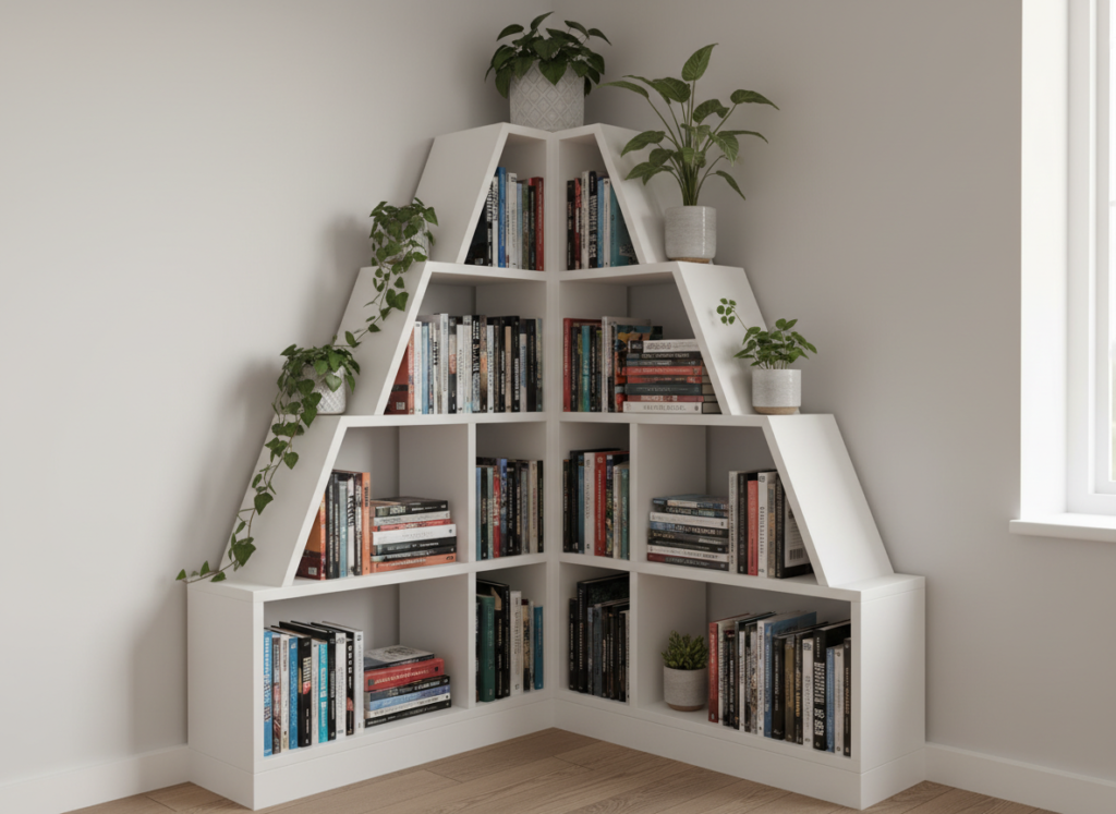 Creative corner bookshelf design utilizing awkward wall space efficiently