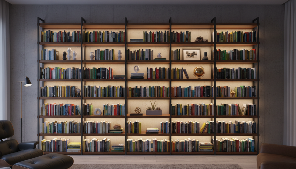 Custom bookshelf with built-in LED lighting illuminating book collection