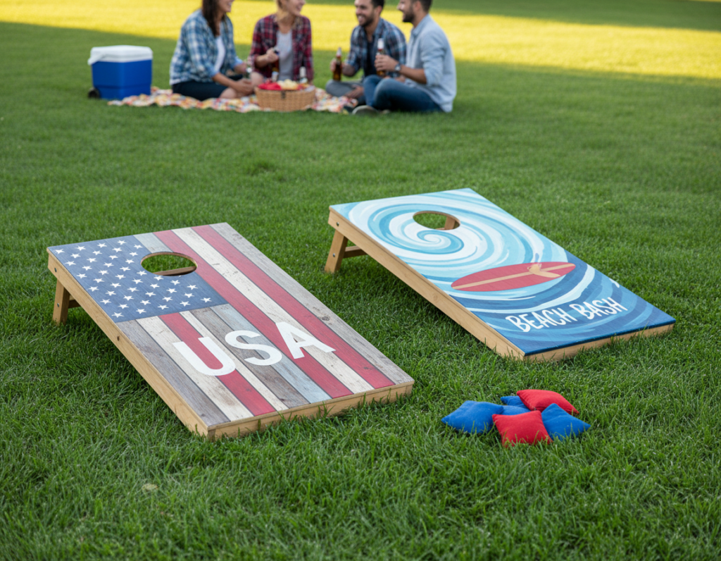 Custom painted cornhole boards on backyard lawn Custom painted cornhole boards on backyard lawn