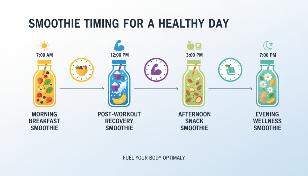Daily smoothie schedule illustrated with clock and meal times