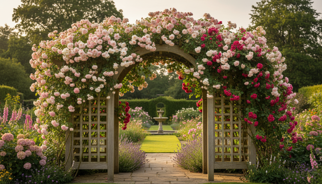 Decorative wooden garden arbor covered with climbing roses Decorative wooden garden arbor covered with climbing roses