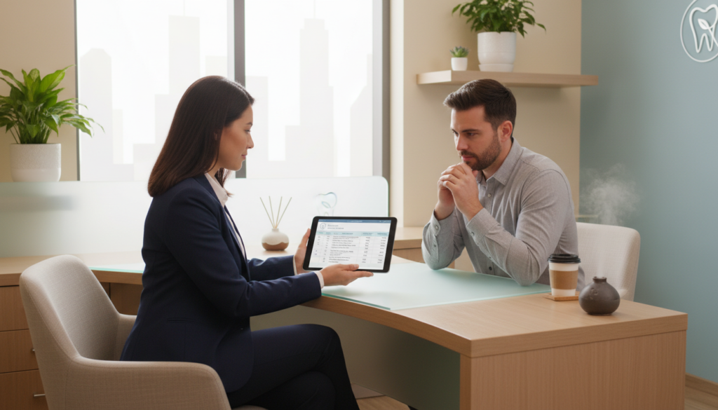 Dental practice discussing treatment costs and payment options with patient Dental practice discussing treatment costs and payment options with patient