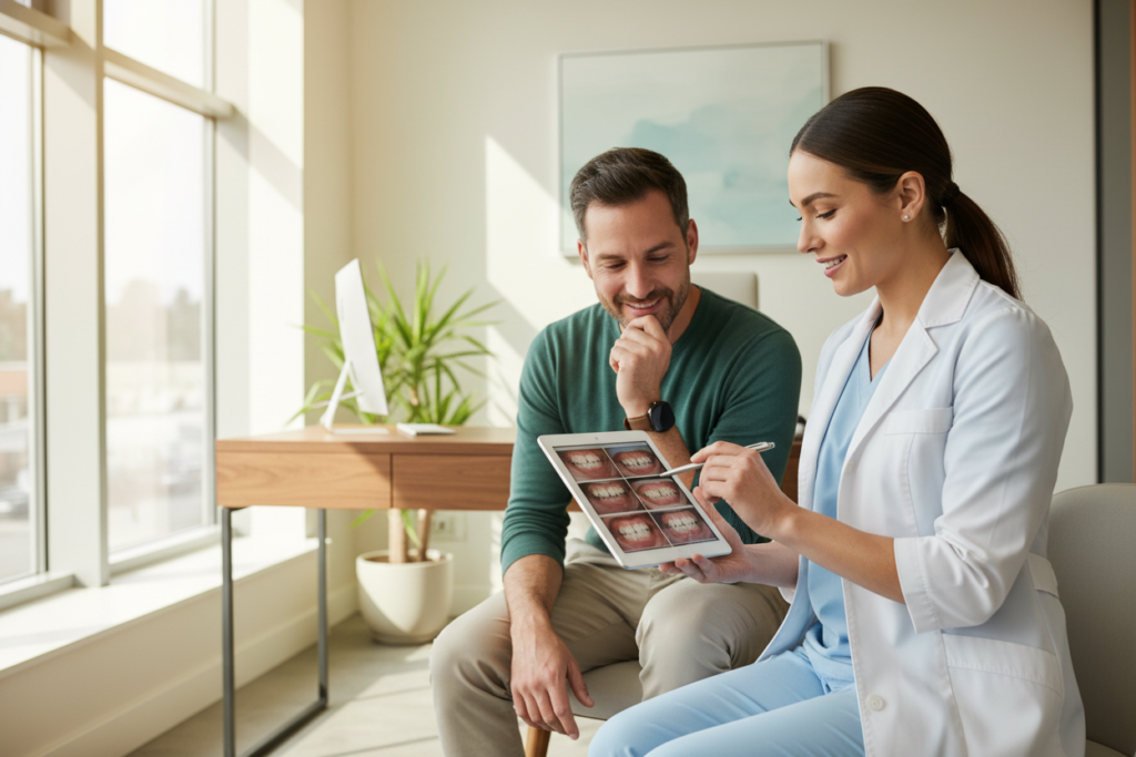 Dentist consulting with patient about natural smile makeover options Dentist consulting with patient about natural smile makeover options