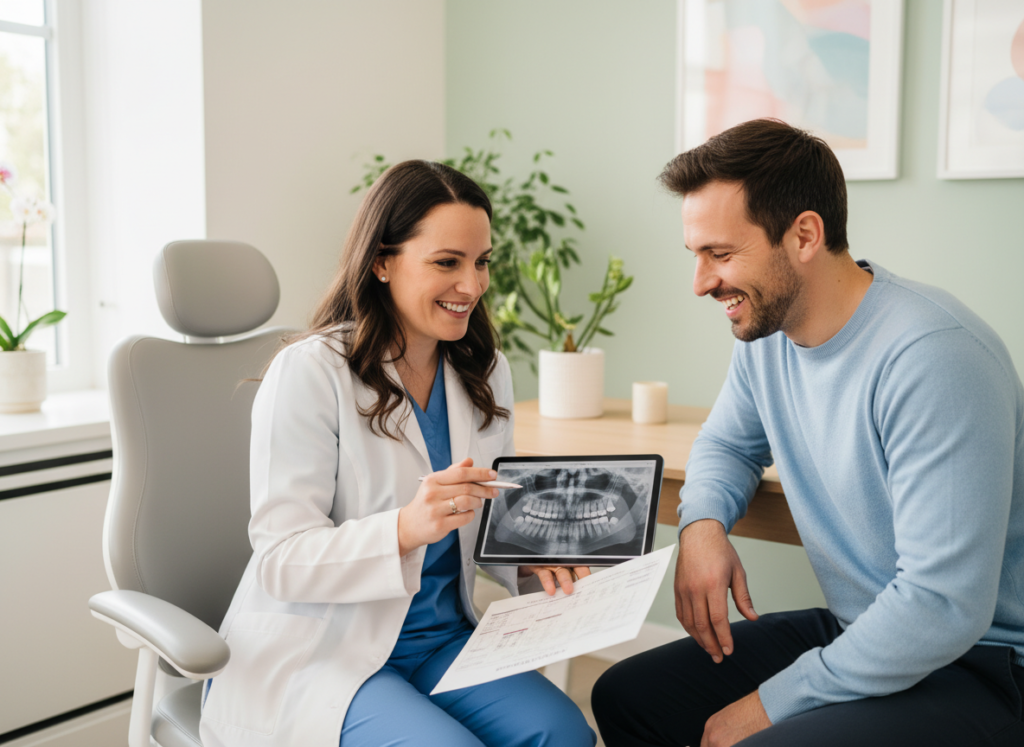 Dentist explaining treatment plan to relaxed, comfortable patient Dentist explaining treatment plan to relaxed, comfortable patient