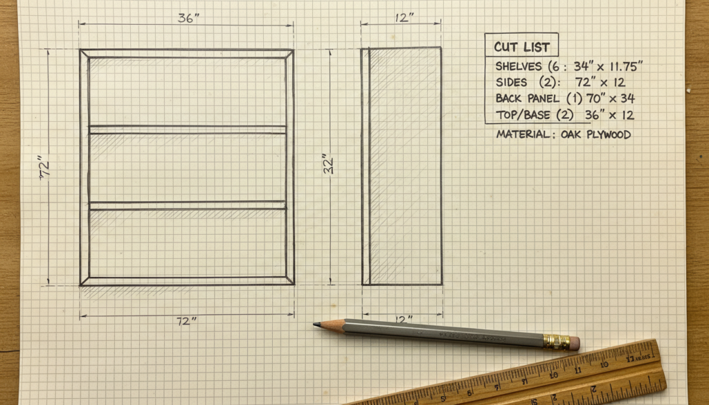 Detailed blueprint sketch of bookshelf with measurements and cut list