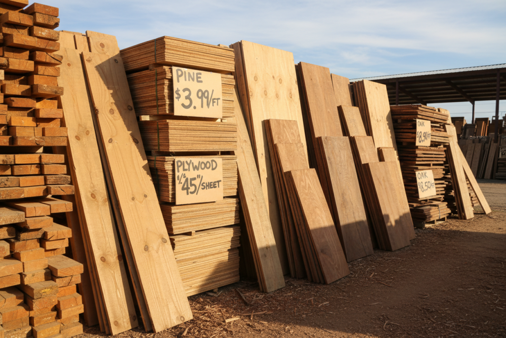Different types of wood boards and plywood sheets stacked in lumber yard