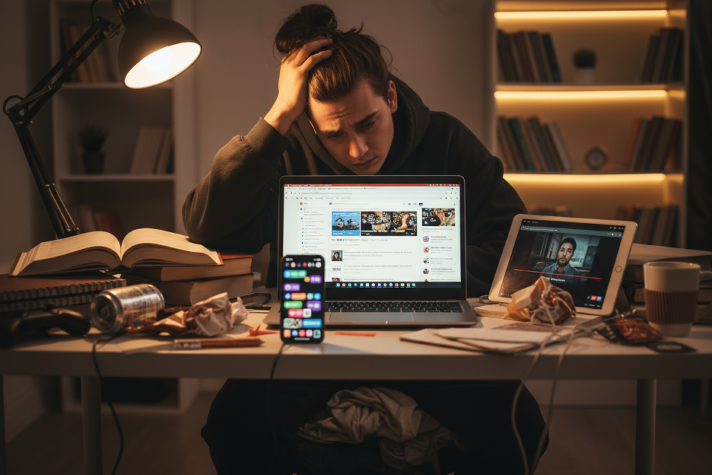 Distracted student surrounded by multiple devices and notifications Distracted student surrounded by multiple devices and notifications