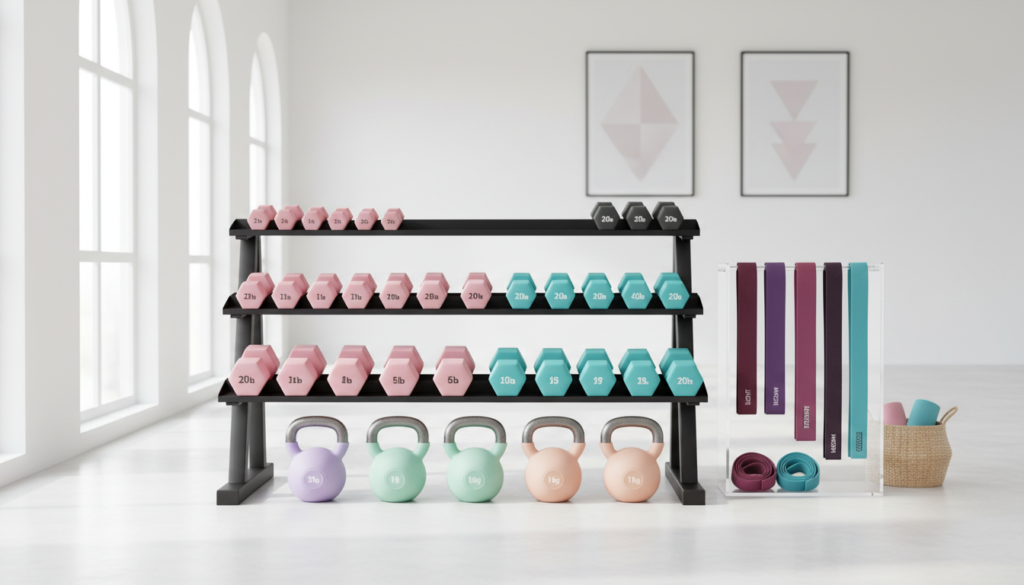 Essential weight training equipment including dumbbells and kettlebells Essential weight training equipment including dumbbells and kettlebells