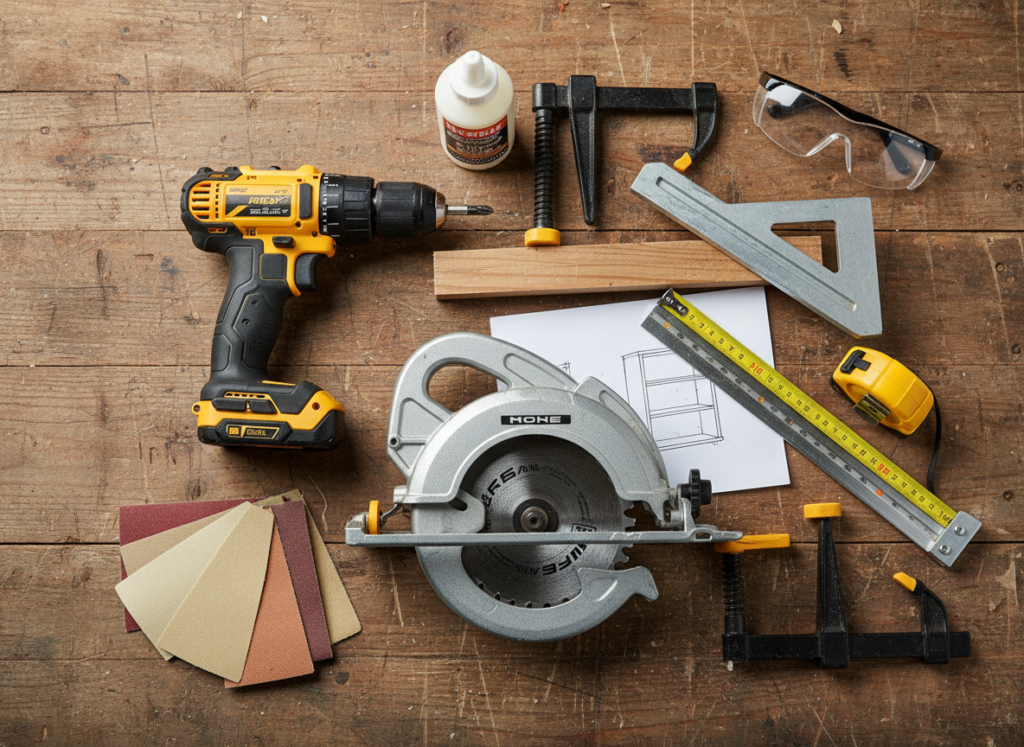 Essential woodworking tools laid out on workbench including saw, drill, and measuring tools
