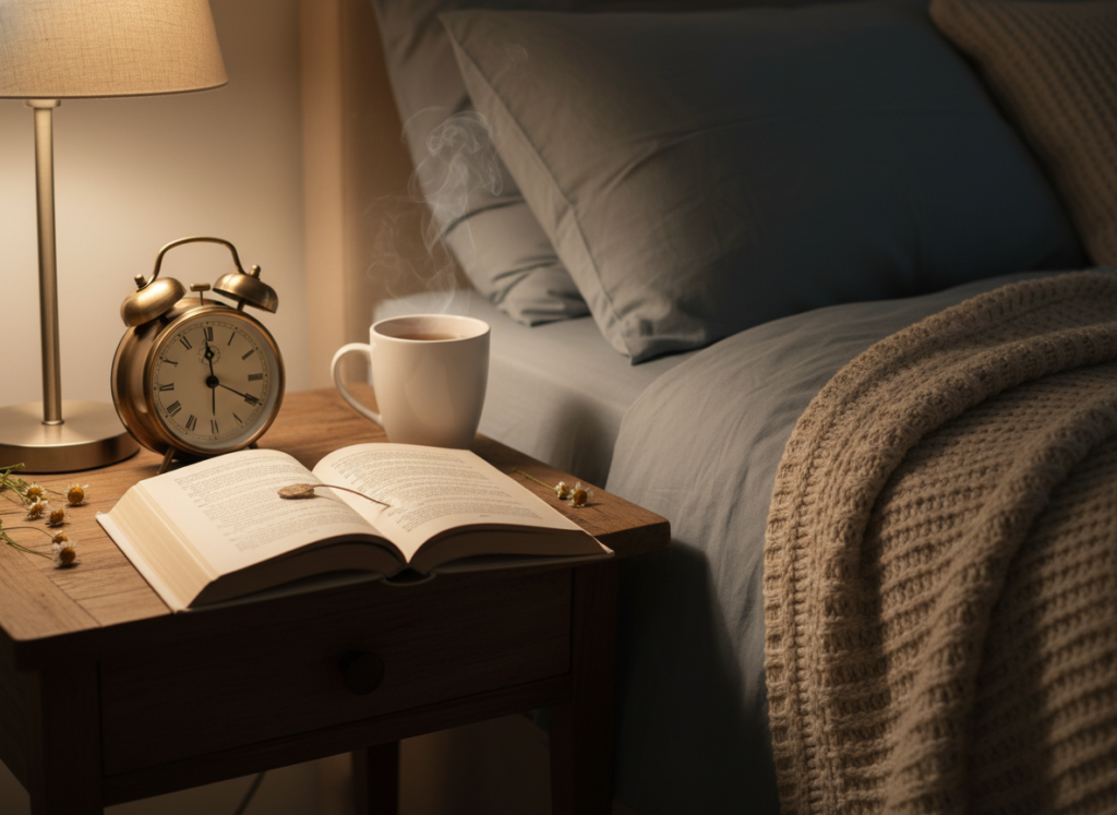 Evening routine items including herbal tea, book, and alarm clock Evening routine items including herbal tea, book, and alarm clock