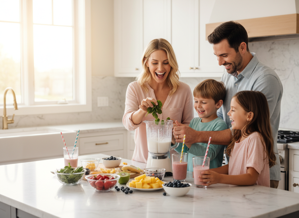 Family preparing healthy smoothies together in kitchen Family preparing healthy smoothies together in kitchen