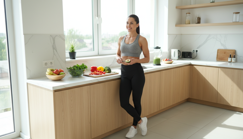 Fit woman maintaining healthy lifestyle and flat belly long term