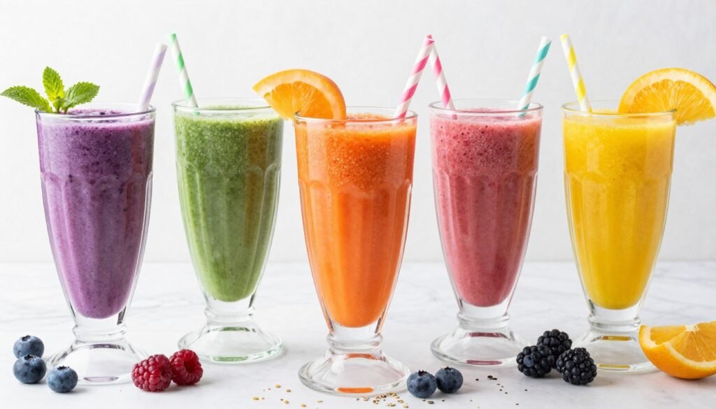 Five different gut health smoothies in clear glasses showing variety of colors