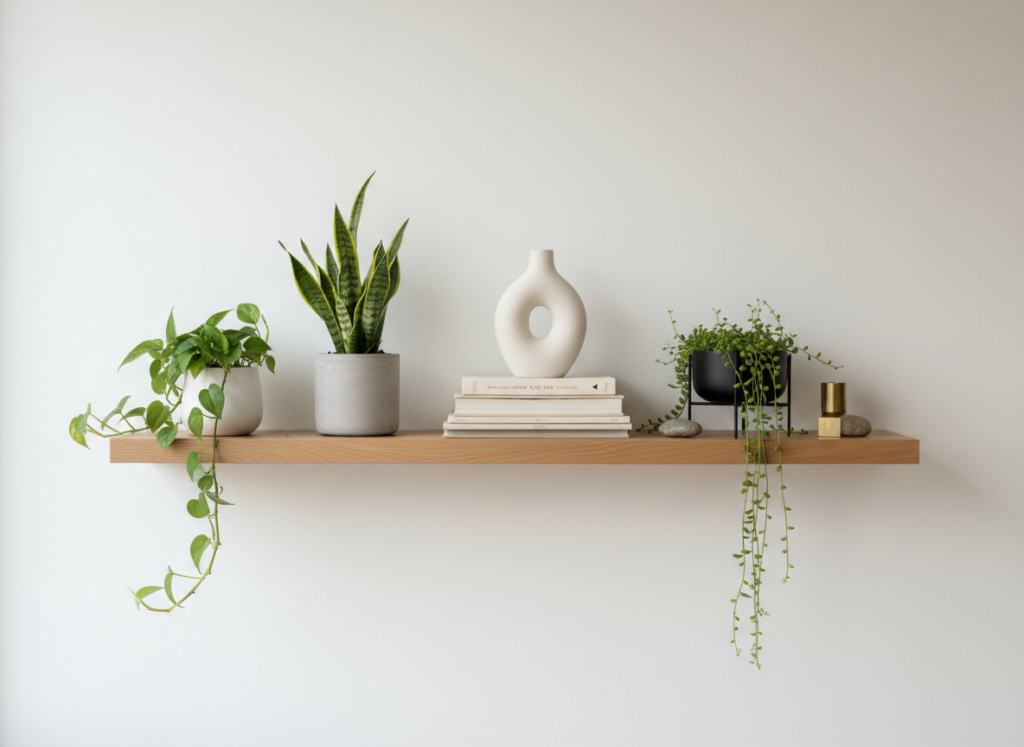 Floating wall shelf with decorative items Floating wall shelf with decorative items