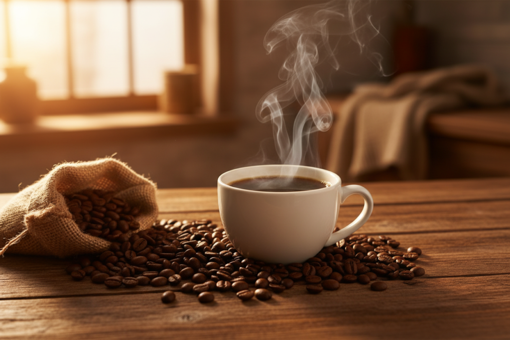 Fresh cup of black coffee with coffee beans on rustic table Fresh cup of black coffee with coffee beans on rustic table