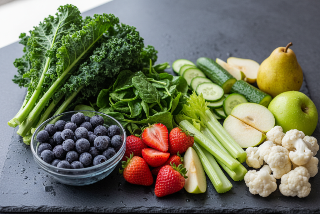 Fresh leafy greens and low-sugar fruits perfect for weight loss smoothies