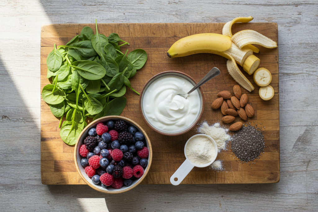 Fresh smoothie ingredients including spinach, berries, and protein powder Fresh smoothie ingredients including spinach, berries, and protein powder