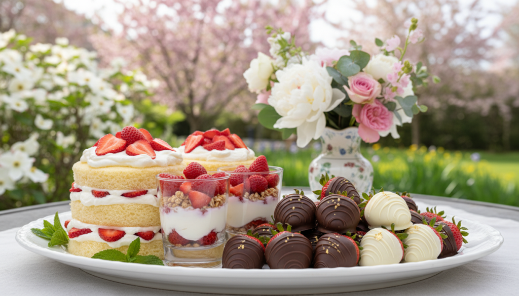 Fresh strawberry desserts arranged on a platter Fresh strawberry desserts arranged on a platter