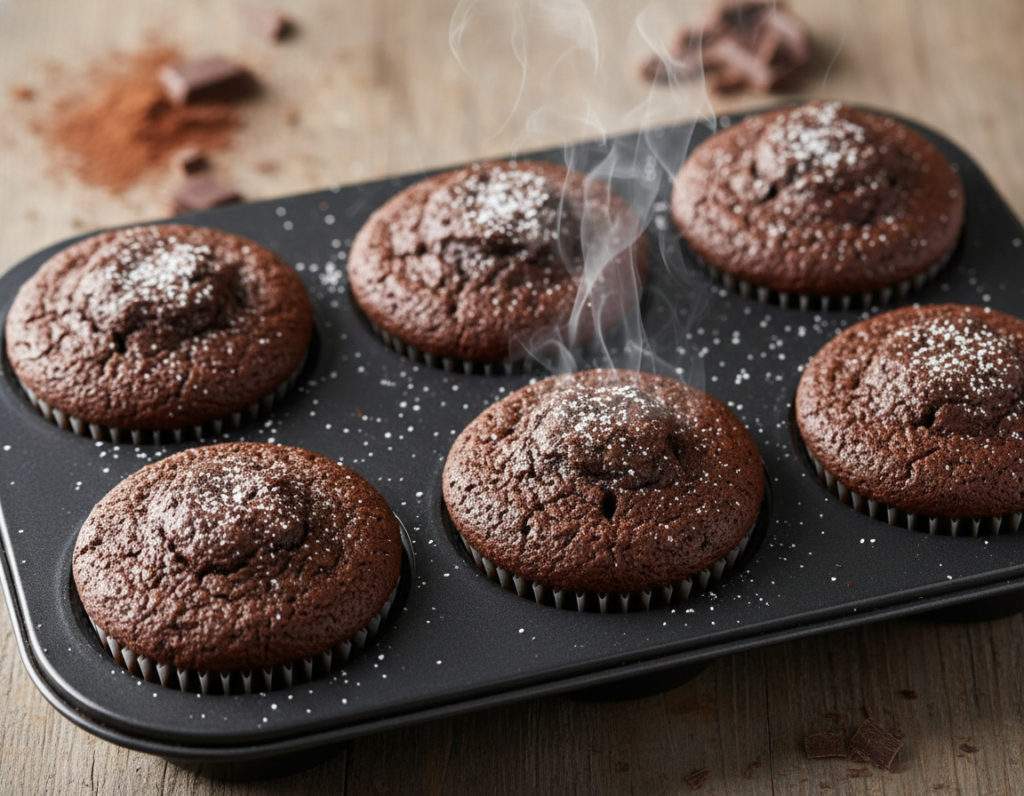 Freshly baked flourless chocolate muffins in a muffin tin Freshly baked flourless chocolate muffins in a muffin tin