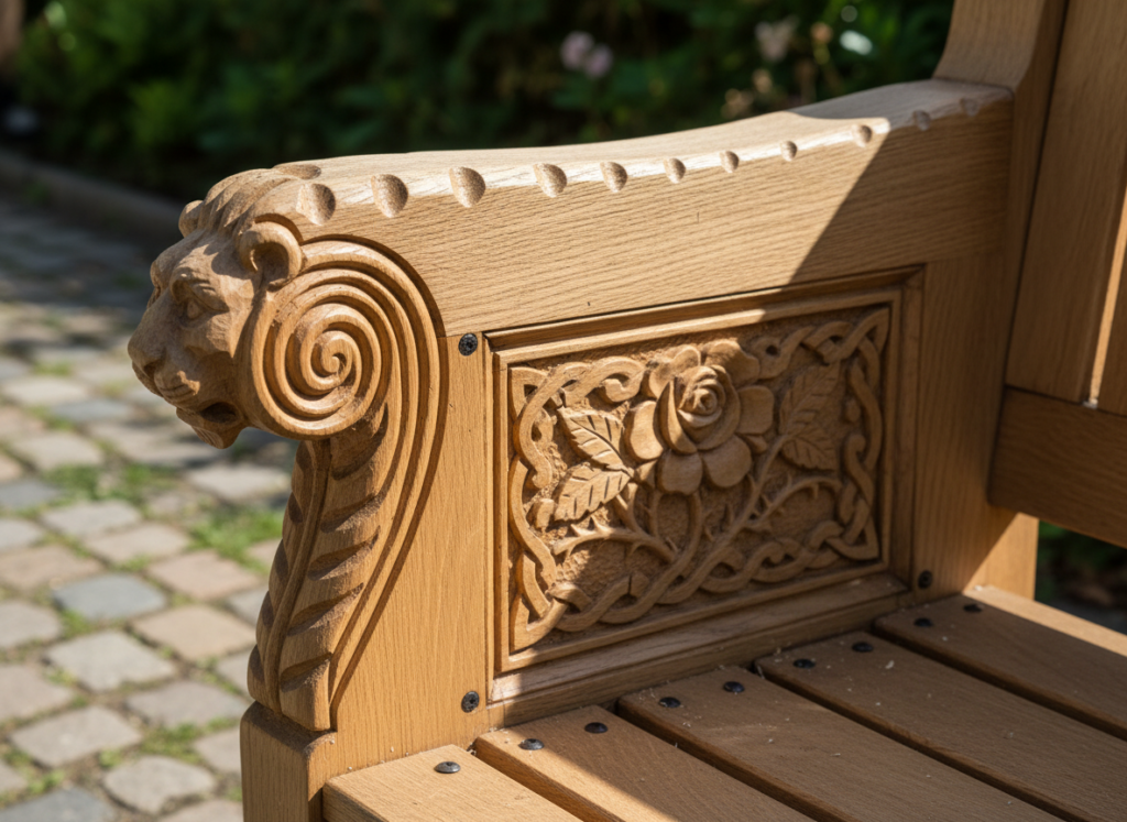 Garden bench with decorative carved armrests and details Garden bench with decorative carved armrests and details