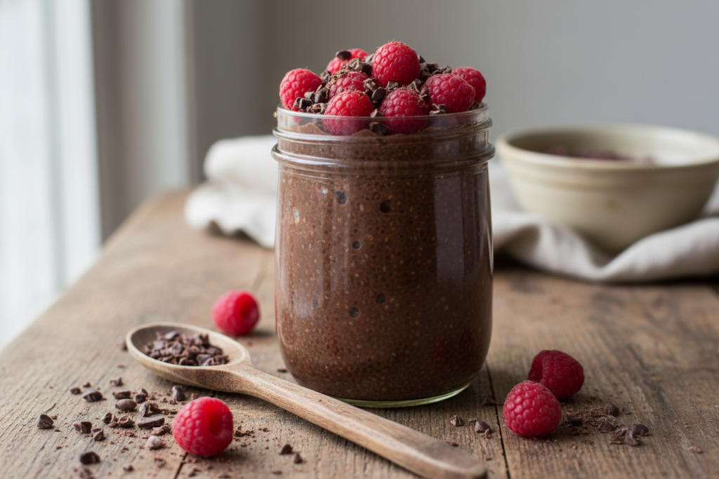 Glass jar of chocolate chia pudding with berries Glass jar of chocolate chia pudding with berries