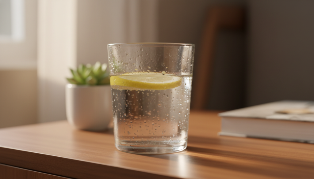 Glass of water with lemon and hydration concept for evening routine