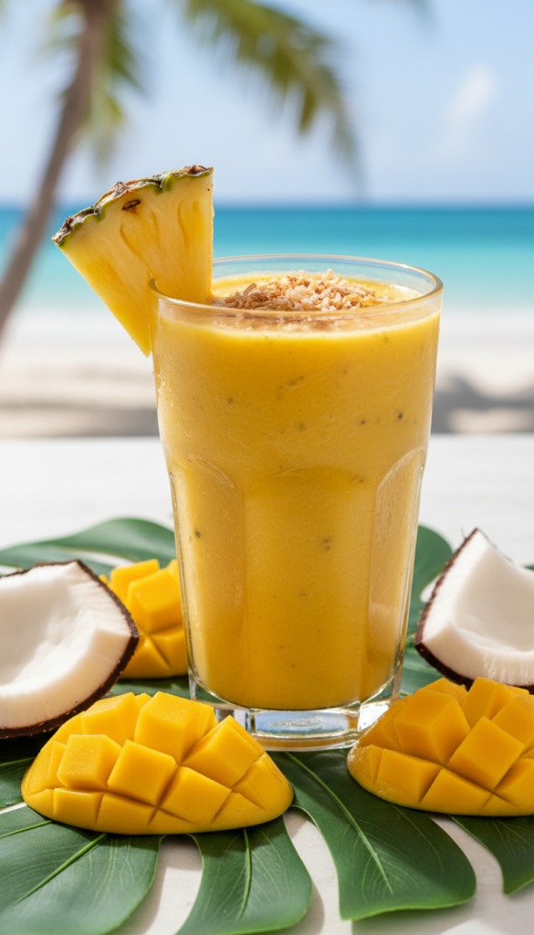 Golden yellow tropical smoothie garnished with pineapple