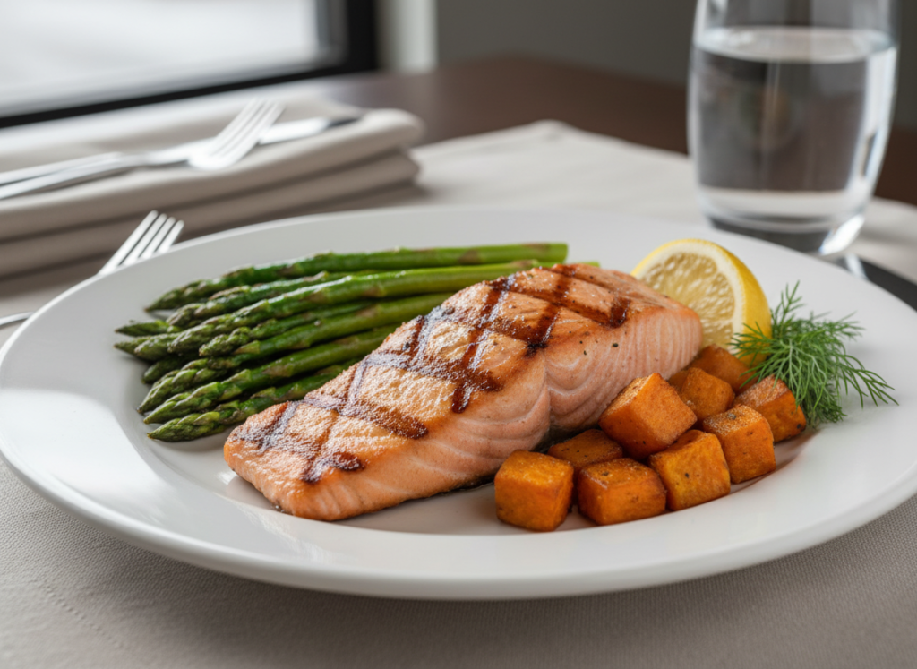 Grilled salmon dinner with vegetables and sweet potato