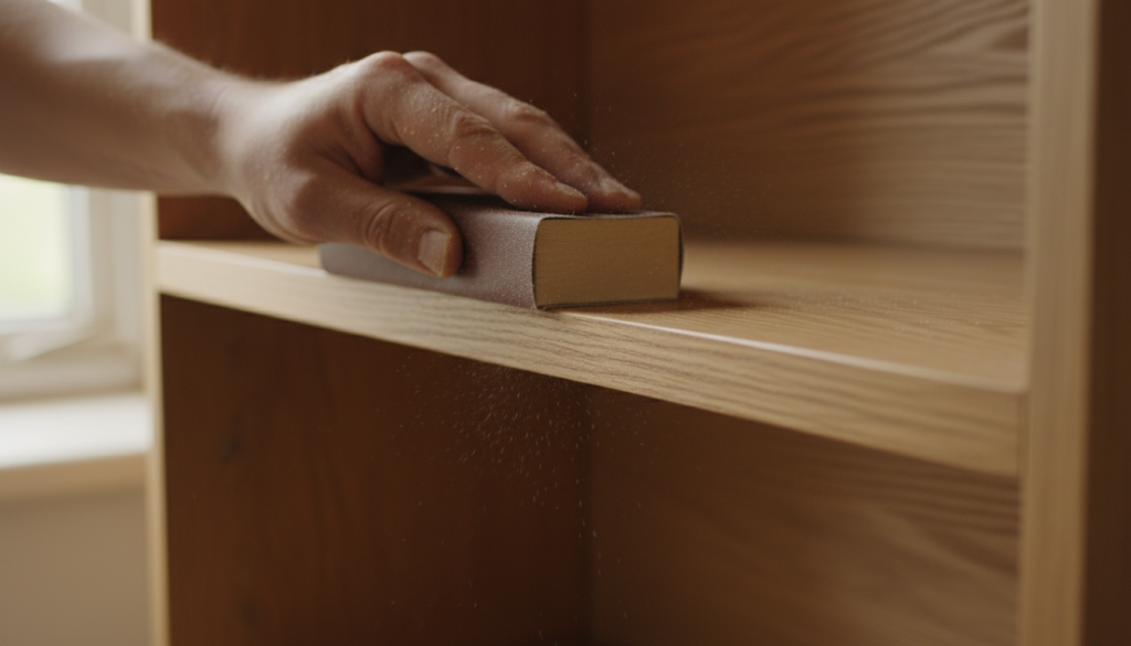 Hand sanding wooden bookshelf with sandpaper showing smooth surface finish