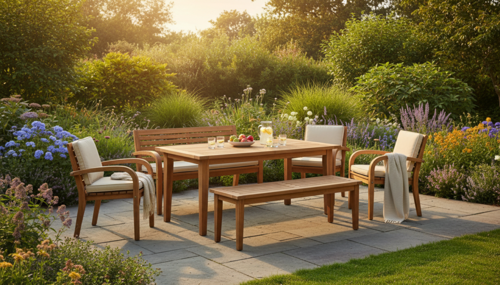 Handmade wooden patio furniture set in beautiful garden setting Handmade wooden patio furniture set in beautiful garden setting